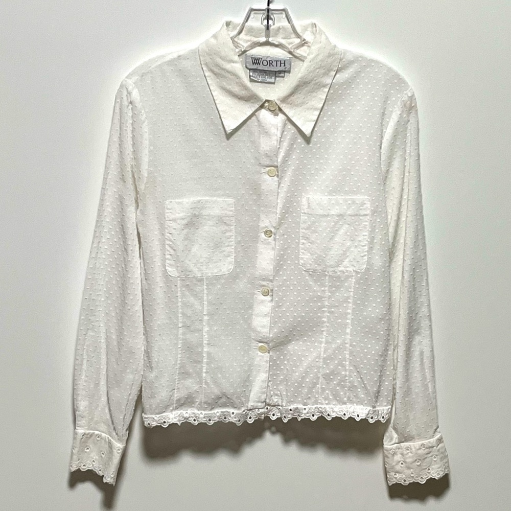 Worth Classy Optic White embroidered dots Long Sleeve eyelet trim stylish top
